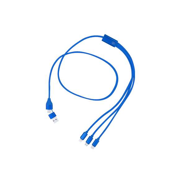 Cable cargador en Aluminio Reciclado. Con conexión de entrada dual Tipo C/USB y salidas Tipo C, Lightning y Micro USB. Incluye distintivo Aluminio Reciclado.El Aluminio Reciclado es un material con posibilidades de reciclaje casi infinitas, sin perder sus propiedades originales y consumiendo menos energía en este proceso.Certificación GRS (Global Recycled Standard / Estándar de Reciclaje Global), que garantiza el origen reciclado del material usado para fabricar el producto.Conexión Micro USB, Tipo C y Lightning 5V DC 2.4A