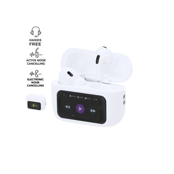 Auriculares intraurales con pantalla táctil equipados con tecnología ANC (Active Noise Cancellation) y ENC (Electronic Noise Cancellation), que reducen significativamente los ruidos externos para ofrecer una experiencia sonora inmersiva y de alta calidad.Incorporan pantalla táctil a color con múltiples funciones:-Control de los auriculares.-Función manos libres para llamadas.-Opción de pasar canciones.-Alarma.-Soporte para varios idiomas.-Fondo de pantalla personalizable.-Visualización de fecha.-Control remoto para la función disparadora de fotos.-Acceso directo a asistentes de voz.Con conexión Bluetooth 5.2 y recargables por USB Tipo C -cable incluido-.Fabricados conforme a los estándares RoHS y en cumplimiento con los siguientes requisitos de seguridad:Sistema de protección contra sobrecalentamiento.Sistema de protección contra sobrecarga.Sistema de bloqueo para evitar cortocircuitos.Conexión Bluetooth. Batería 30 mAh/ Base Carga 300 mAh