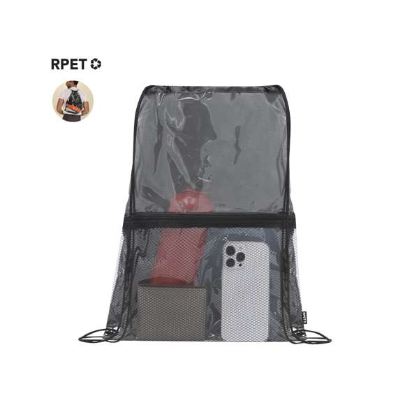 Mochila de cuerdas en RPET, con compartimento principal de diseño transparente. Cuenta con cuerdas de autocierre y esquinas reforzadas con resistentes argollas metálicas. Iincluye práctico bolsillo frontal de rejilla con cierre de cremallera. Incluye distintivo RPET en etiqueta lateral.El material RPET se elabora a partir de plástico reciclado, para así fomentar la reutilización de residuos plásticos y ayudar a la sostenibilidad del planeta.