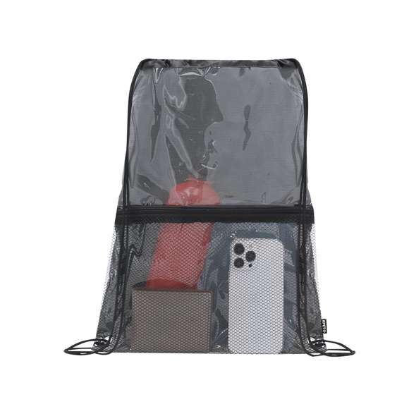 Mochila de cuerdas en RPET, con compartimento principal de diseño transparente. Cuenta con cuerdas de autocierre y esquinas reforzadas con resistentes argollas metálicas. Iincluye práctico bolsillo frontal de rejilla con cierre de cremallera. Incluye distintivo RPET en etiqueta lateral.El material RPET se elabora a partir de plástico reciclado, para así fomentar la reutilización de residuos plásticos y ayudar a la sostenibilidad del planeta.