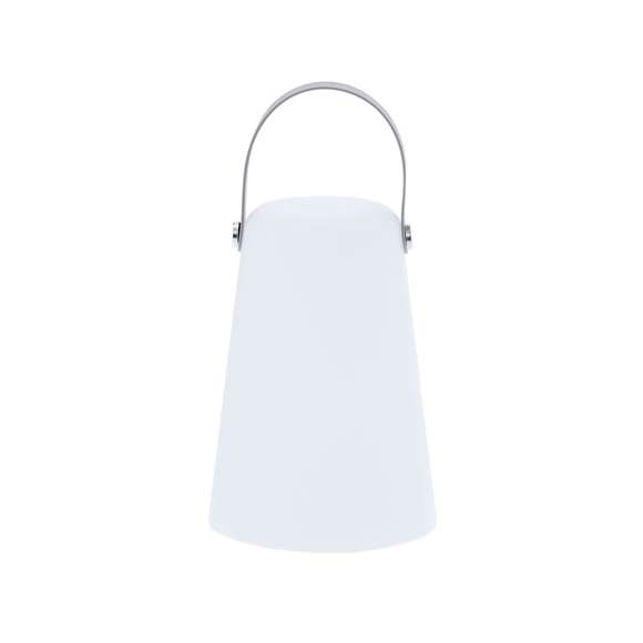 Lámpara en PE de color blanco. Incluye asa superior de suave silicona en tono gris, que facilita su transporte y añade un toque moderno al diseño. Equipada con 4 LEDs , proporciona una luz uniforme y eficiente, tanto para interiores como exteriores. Funciona con 3 pilas AA (no incluidas). Dispone de botón de encendido/apagado.