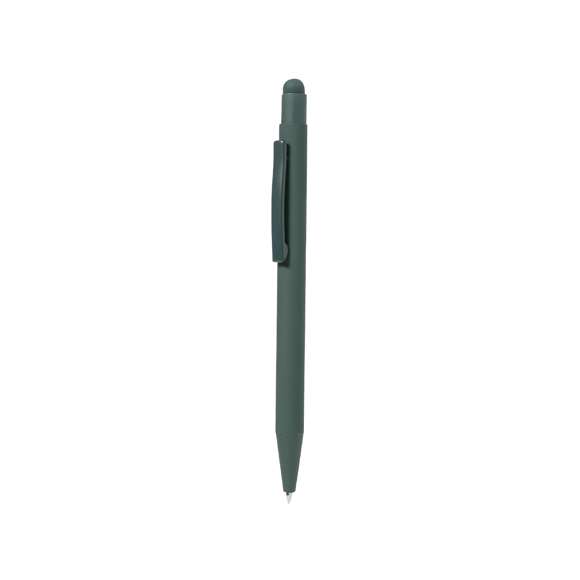 Bolígrafo puntero fabricado en aluminio. De mecanismo pulsador con puntero y clip metálico a juego con el cuerpo. Cuerpo terminación en goma, especialmente diseñado para marcaje en láser. De cartucho jumbo y en tinta azul.