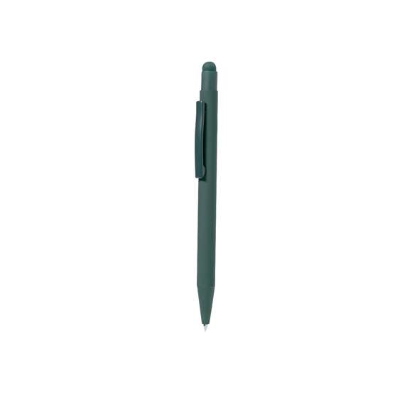 Bolígrafo puntero fabricado en aluminio. De mecanismo pulsador con puntero y clip metálico a juego con el cuerpo. Cuerpo terminación en goma, especialmente diseñado para marcaje en láser. De cartucho jumbo y en tinta azul.