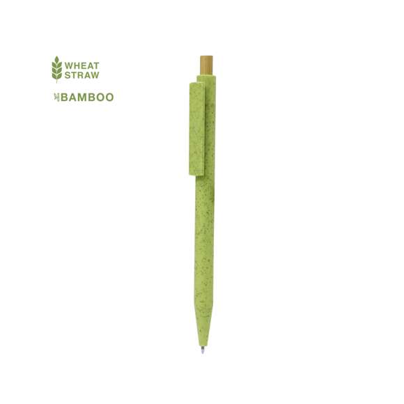 Bolígrafo fabricado con fibra de caña de trigo. Con cuerpo y clip a juego, de mecanismo pulsador fabricado en bambú y en tinta azul. Con distinguido logo de Caña de Trigo marcado en la caña. La Caña de Trigo fomenta la utilización de materias primas naturales, reduciendo así las emisiones contaminantes.