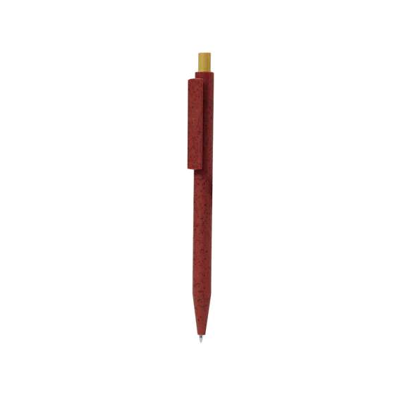 Bolígrafo fabricado con fibra de caña de trigo. Con cuerpo y clip a juego, de mecanismo pulsador fabricado en bambú y en tinta azul. Con distinguido logo de Caña de Trigo marcado en la caña. La Caña de Trigo fomenta la utilización de materias primas naturales, reduciendo así las emisiones contaminantes.