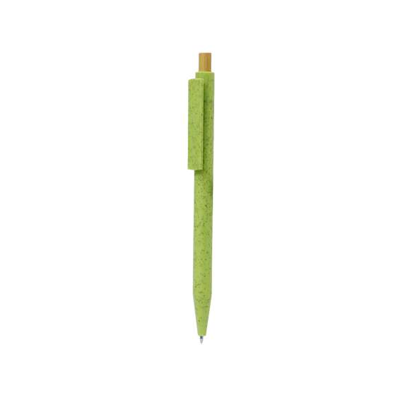 Bolígrafo fabricado con fibra de caña de trigo. Con cuerpo y clip a juego, de mecanismo pulsador fabricado en bambú y en tinta azul. Con distinguido logo de Caña de Trigo marcado en la caña. La Caña de Trigo fomenta la utilización de materias primas naturales, reduciendo así las emisiones contaminantes.