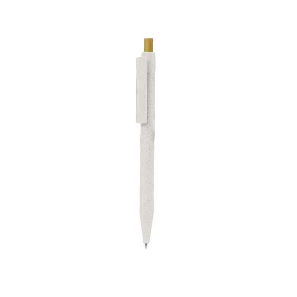 Bolígrafo fabricado con fibra de caña de trigo. Con cuerpo y clip a juego, de mecanismo pulsador fabricado en bambú y en tinta azul. Con distinguido logo de Caña de Trigo marcado en la caña. La Caña de Trigo fomenta la utilización de materias primas naturales, reduciendo así las emisiones contaminantes.