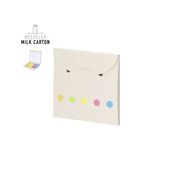 Bloc de notas con cubiertas fabricadas en cartones de leche reciclados. Con tapas blandas e interior con 50 notas adhesivas cuadradas y 125 mininotas adhesivas en varios colores. Incluye distintivo Recycled Milk Carton.Los cartones de leche se componen en su mayor parte de cartón y aluminio. Durante su proceso de reciclado, se separan los distintos materiales del envase para su reutilización y nuevo uso, contribuyendo así a recorrer el camino infinito de la economía circular. Este material se caracteriza por su alto grado de reciclabilidad, así como por su ligereza y resistencia.50 Notas Adhesivas 7,5 x 7,5 cm. 125 Mininotas adhesivas 1,5 x 5 cm.