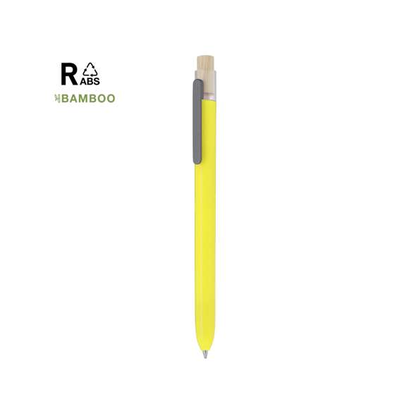 Bolígrafo fabricado en RABS. Cuenta con un clip metálico y un mecanismo pulsador fabricado en bambú. En tinta azul. Distintivo RABS en la parte superior del bolígrafo.El RABS es un plástico altamente reciclable de gran resistencia y con multitud de aplicaciones que lo convierten en una solución eco-friendly.
