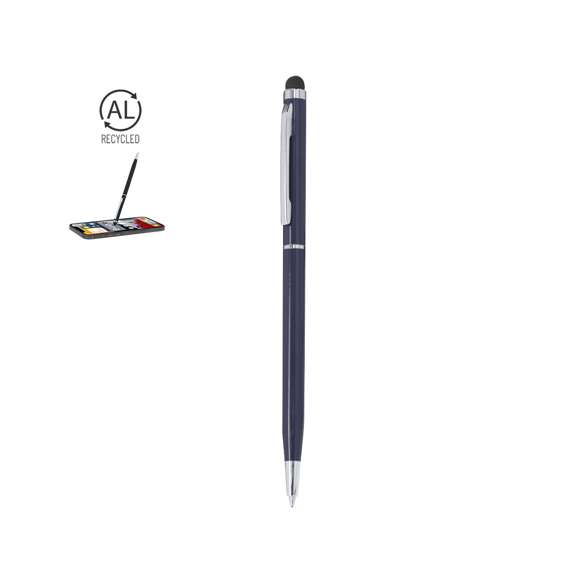 Elegante bolígrafo puntero de Aluminio Reciclado. Con mecanismo giratorio de acabado brillo y puntero en la parte superior en negro, en tinta azul. Clip y accesorios en acabado cromado. Con logo de Aluminio Reciclado grabado.El Aluminio Reciclado es un material con posibilidades de reciclaje casi infinitas, sin perder sus propiedades originales y consumiendo menos energía en este proceso.Certificación GRS (Global Recycled Standard / Estándar de Reciclaje Global), que garantiza el origen reciclado del material usado para fabricar el producto.