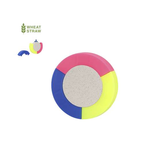 Original marcador fluorescente de tres colores fabricado en caña de trigo. Con cuerpo circular en suave acabado mate, especialmente diseñado para marcaje a todo color. Con capuchas a juego con el marcador. La caña de trigo fomenta la utilización de materias primas naturales, reduciendo así las emisiones contaminantes.
