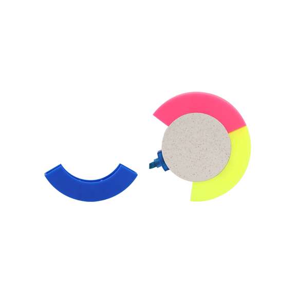 Original marcador fluorescente de tres colores fabricado en caña de trigo. Con cuerpo circular en suave acabado mate, especialmente diseñado para marcaje a todo color. Con capuchas a juego con el marcador. La caña de trigo fomenta la utilización de materias primas naturales, reduciendo así las emisiones contaminantes.