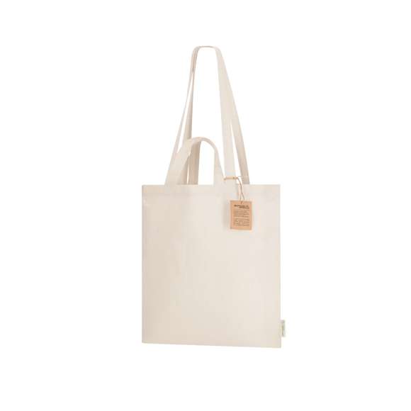 Bolsa confeccionado principalmente en algodón reciclado de 140g/m2. Cuenta con doble asa: asas largas de 70 x 2,5 cm y asas cortas de 30 x 2,5 cm. Incluye distintivo de Algodón Reciclado. Resistencia hasta 6 kg de peso.