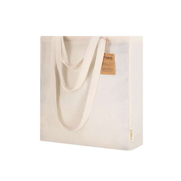 Bolsa con fuelle confeccionado principalmente en algodón reciclado de 140g/m2. Cuenta con doble asa: asas largas de 70 x 2,5 cm y asas cortas de 30 x 2,5 cm. Incluye distintivo de Algodón Reciclado. Resistencia hasta 6 kg de peso.