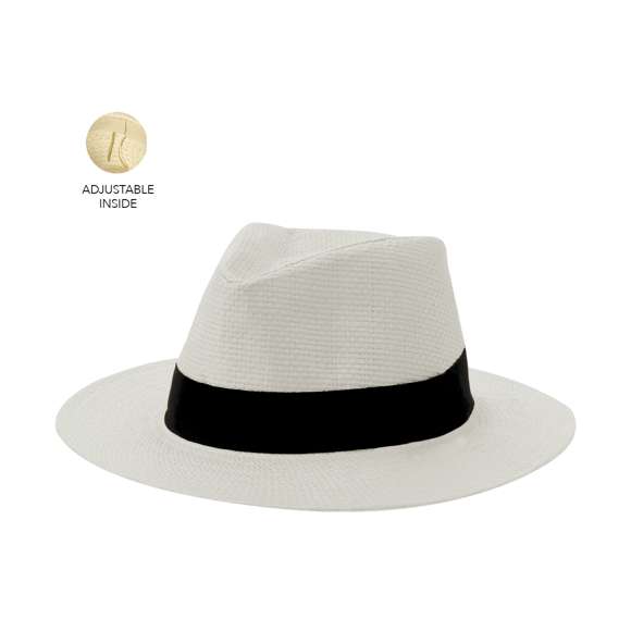 Sombrero de alta calidad confeccionado en paja de papel blanca, con cinta en la base de color negro. Ajustable desde el interior, con cinta exterior y confortable cinta interior.