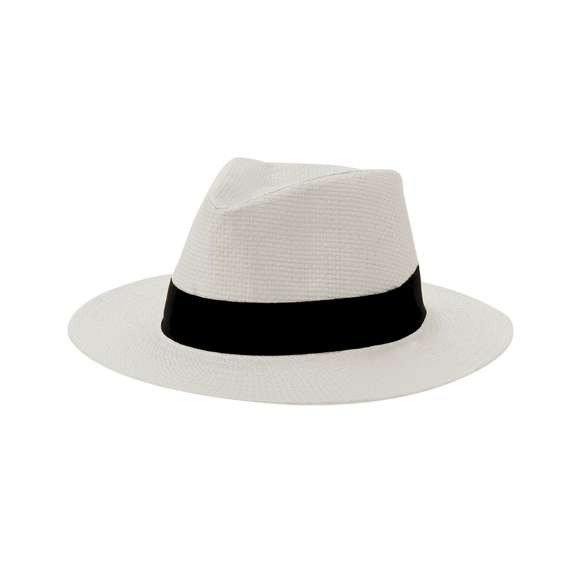 Sombrero de alta calidad confeccionado en paja de papel blanca, con cinta en la base de color negro. Ajustable desde el interior, con cinta exterior y confortable cinta interior.