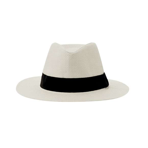 Sombrero de alta calidad confeccionado en paja de papel blanca, con cinta en la base de color negro. Ajustable desde el interior, con cinta exterior y confortable cinta interior.
