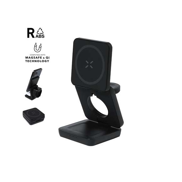 Cargador inalámbrico magnético 4 en 1 de 15W, fabricado en ABS reciclado (RABS). Diseñado para la carga simultánea del smartphone, auriculares, smartwatch y soporte. Un gadget todo en uno: plegable, portátil, de tamaño compacto, muy versátil y de diseño funcional. De acabado mate con tacto gomoso. Conexión por usb Tipo C -cable incluido-.El RABS es un plástico altamente reciclable de gran resistencia y con multitud de aplicaciones que lo convierten en una solución eco-friendly. Fabricado conforme a los estándares RoHS y en cumplimiento con los siguientes requisitos de seguridad:Sistema de protección contra sobrecalentamiento.Sistema de protección contra sobrecarga.Sistema de bloqueo para evitar cortocircuitos.