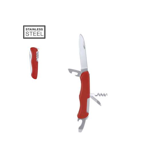 Navaja multiusos con accesorios de acero inox con 5 funciones, con recubrimiento de resistente ABS. Incluye cuchillo, punzón, sacacorchos, abrelatas y abrebotellas.