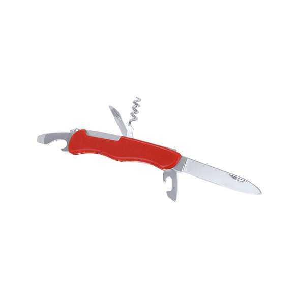 Navaja multiusos con accesorios de acero inox con 5 funciones, con recubrimiento de resistente ABS. Incluye cuchillo, punzón, sacacorchos, abrelatas y abrebotellas.