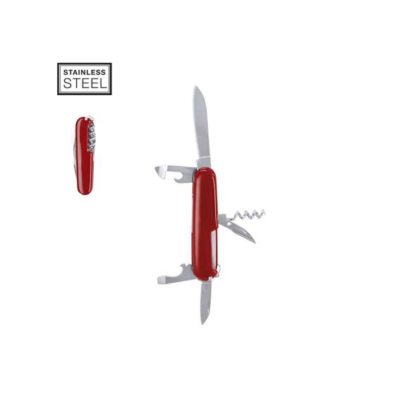 Navaja multiusos con accesorios de acero inox con 8 funciones, con recubrimiento de resistente ABS. Incluye dos cuchillos en tamaños diferentes, punzón, sacacorchos, palillo de dientes, aguja de coser, abrelatas y abrebotellas.