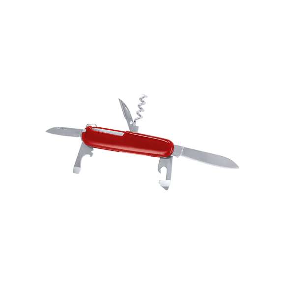 Navaja multiusos con accesorios de acero inox con 8 funciones, con recubrimiento de resistente ABS. Incluye dos cuchillos en tamaños diferentes, punzón, sacacorchos, palillo de dientes, aguja de coser, abrelatas y abrebotellas.