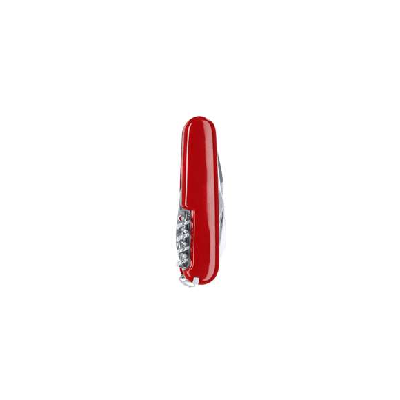 Navaja multiusos con accesorios de acero inox con 8 funciones, con recubrimiento de resistente ABS. Incluye dos cuchillos en tamaños diferentes, punzón, sacacorchos, palillo de dientes, aguja de coser, abrelatas y abrebotellas.