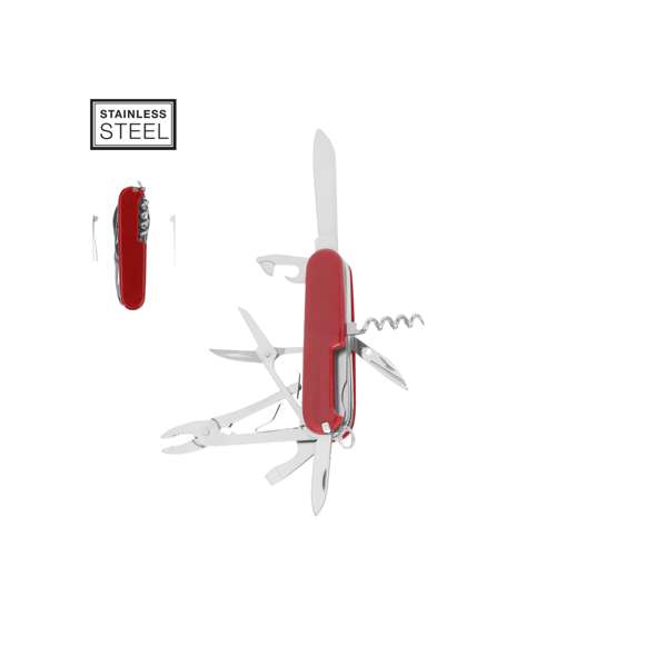 Navaja multiusos con accesorios de acero inox con 10 funciones, con recubrimiento de resistente ABS. Incluye dos cuchillos en tamaños diferentes, tijeras, pinzas, alicates, punzón, sacacorchos, palillo de dientes, aguja de coser, abrelatas y abrebotellas.