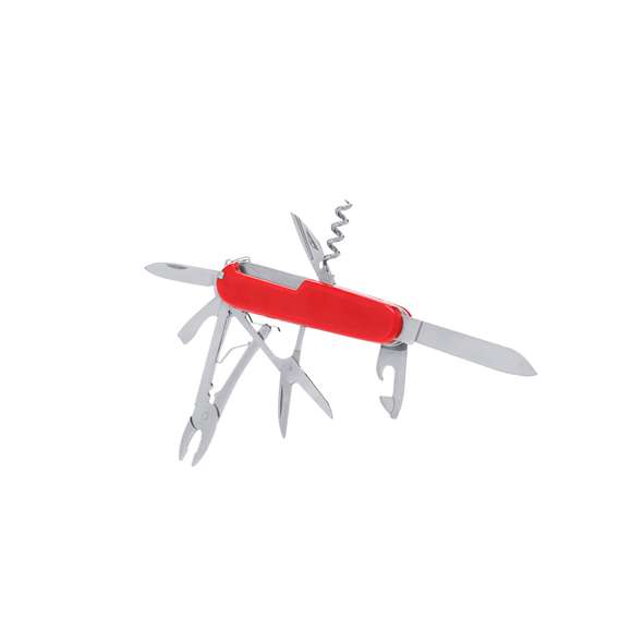 Navaja multiusos con accesorios de acero inox con 10 funciones, con recubrimiento de resistente ABS. Incluye dos cuchillos en tamaños diferentes, tijeras, pinzas, alicates, punzón, sacacorchos, palillo de dientes, aguja de coser, abrelatas y abrebotellas.