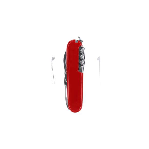 Navaja multiusos con accesorios de acero inox con 10 funciones, con recubrimiento de resistente ABS. Incluye dos cuchillos en tamaños diferentes, tijeras, pinzas, alicates, punzón, sacacorchos, palillo de dientes, aguja de coser, abrelatas y abrebotellas.