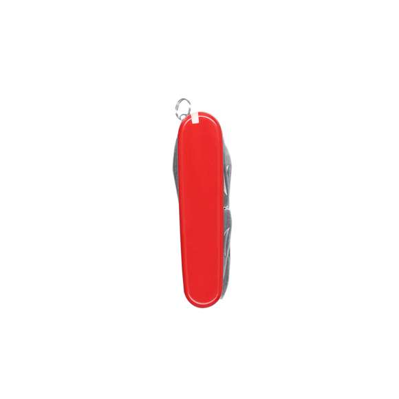 Navaja multiusos con accesorios de acero inox con 10 funciones, con recubrimiento de resistente ABS. Incluye dos cuchillos en tamaños diferentes, tijeras, pinzas, alicates, punzón, sacacorchos, palillo de dientes, aguja de coser, abrelatas y abrebotellas.