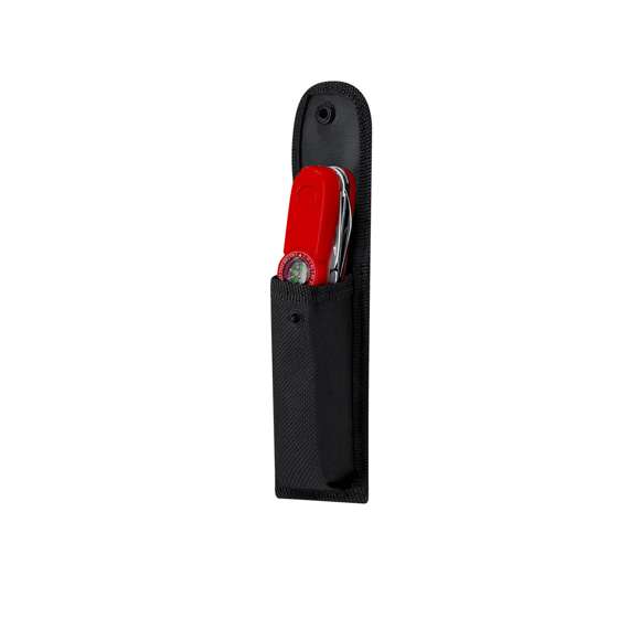 Práctica funda de poliéster para todo tipo de navajas de mano. Incluye cierre de solapa con cierre de clip y agarre para cinturón.