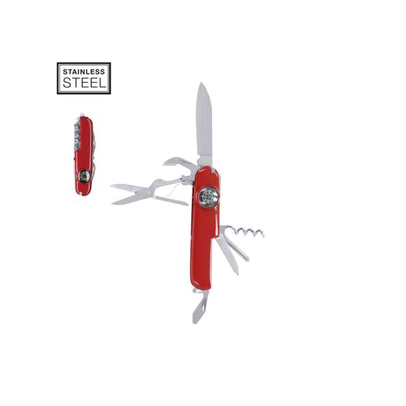 Navaja multiusos con accesorios de acero inox con 10 funciones, con recubrimiento de resistente ABS. Incluye cuchilla, tijeras, pinzas, brújula, lima de uñas, punzón, sacacorchos, palillo de dientes, destornillador, abrelatas y abrebotellas.