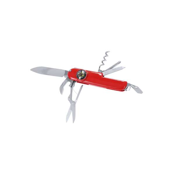 Navaja multiusos con accesorios de acero inox con 10 funciones, con recubrimiento de resistente ABS. Incluye cuchilla, tijeras, pinzas, brújula, lima de uñas, punzón, sacacorchos, palillo de dientes, destornillador, abrelatas y abrebotellas.