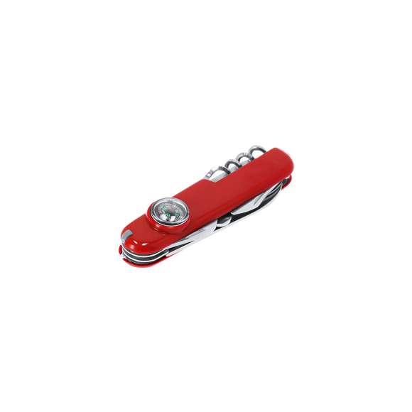 Navaja multiusos con accesorios de acero inox con 10 funciones, con recubrimiento de resistente ABS. Incluye cuchilla, tijeras, pinzas, brújula, lima de uñas, punzón, sacacorchos, palillo de dientes, destornillador, abrelatas y abrebotellas.