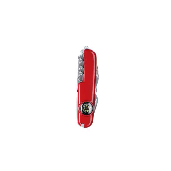 Navaja multiusos con accesorios de acero inox con 10 funciones, con recubrimiento de resistente ABS. Incluye cuchilla, tijeras, pinzas, brújula, lima de uñas, punzón, sacacorchos, palillo de dientes, destornillador, abrelatas y abrebotellas.