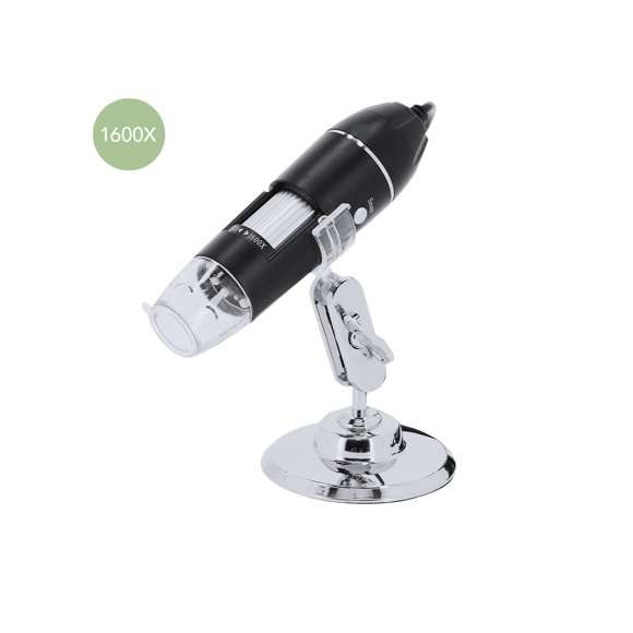 Microscopio digital compacto con aumento de 0-1600X. Luz LED ajustable y resolución personalizable hasta 1600x1200 de forma manual. Incluye soporte ajustable, cable de 140 cm con adaptador USB, Tipo C y Micro USB, para usar en diversos dispositivos. Diseño elegante en negro mate con detalles plateados, compatible con la app para Android. Dispone de regla de calibración y manual en español e inglés