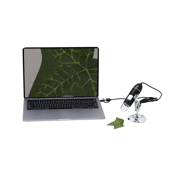 Microscopio digital compacto con aumento de 0-1600X. Luz LED ajustable y resolución personalizable hasta 1600x1200 de forma manual. Incluye soporte ajustable, cable de 140 cm con adaptador USB, Tipo C y Micro USB, para usar en diversos dispositivos. Diseño elegante en negro mate con detalles plateados, compatible con la app para Android. Dispone de regla de calibración y manual en español e inglés