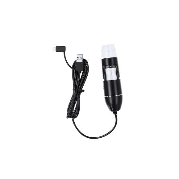Microscopio digital compacto con aumento de 0-1600X. Luz LED ajustable y resolución personalizable hasta 1600x1200 de forma manual. Incluye soporte ajustable, cable de 140 cm con adaptador USB, Tipo C y Micro USB, para usar en diversos dispositivos. Diseño elegante en negro mate con detalles plateados, compatible con la app para Android. Dispone de regla de calibración y manual en español e inglés