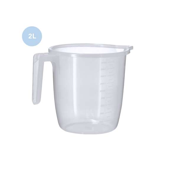 Jarra medidora de 2L fabricada en resistente PP transparente con asa. Con medidor lateral en tramos de 200 ml y 100 ml. Incluye vertedor en el borde para evitar derrames.