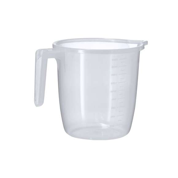 Jarra medidora de 2L fabricada en resistente PP transparente con asa. Con medidor lateral en tramos de 200 ml y 100 ml. Incluye vertedor en el borde para evitar derrames.