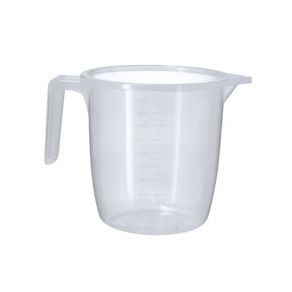 Jarra medidora de 2L fabricada en resistente PP transparente con asa. Con medidor lateral en tramos de 200 ml y 100 ml. Incluye vertedor en el borde para evitar derrames.