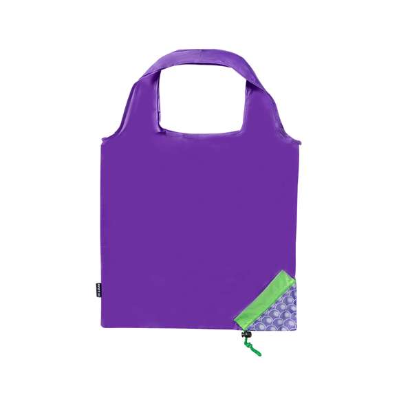 Bolsa plegable en RPET 190T con diseños de frutas. Incluye accesorio de ajuste para fácil plegado y distintivo RPET. Con una resistencia de hasta 7 kg de peso.El material RPET se elabora a partir de plástico reciclado, para así fomentar la reutilización de residuos plásticos y ayudar a la sostenibilidad del planeta.