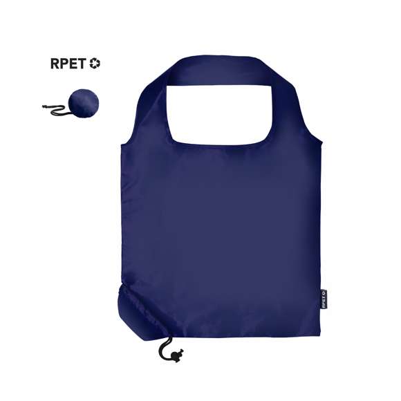 Bolsa plegable en RPET 190T. Incluye accesorio de ajuste para fácil plegado y distintivo RPET. Con una resistencia de hasta 7 kg de peso.El material RPET se elabora a partir de plástico reciclado, para así fomentar la reutilización de residuos plásticos y ayudar a la sostenibilidad del planeta.