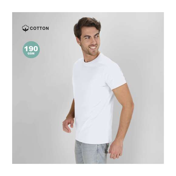 Camiseta tubular de manga corta unisex confeccionada en algodón de punto liso de 190 g/m2. Con cuello redondo en canalé 1x1 con elastano y cubrecosturas.