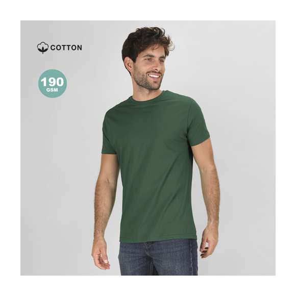 Camiseta tubular de manga corta unisex confeccionada en algodón de punto liso de 190 g/m2. Con cuello redondo en canalé 1x1 con elastano y cubrecosturas.