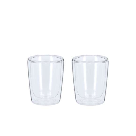 Elegante set de vasos de cristal de borosilicato de doble pared. Incluye dos vasos, cada uno con una capacidad de 65 ml. Presentados en una caja troquelada.