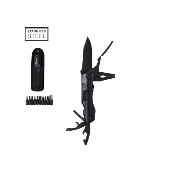 Navaja multiusos de acabado negro en acero inoxidable y resistente empuñadura a juego en aluminio. De diseño plegable y tamaño compacto. Incluye 10 funciones: - Destornillador con múltibles cabezales- Cuchillo de filo liso y dentado-Abrebotellas- Abrelatas- Alicates con cortador de hilosPresentada en práctico estuche de poliéster a juego con accesorio para cinturón.