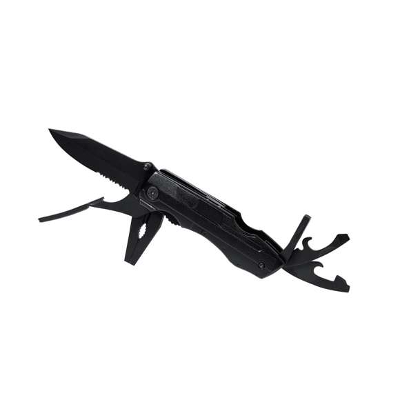Navaja multiusos de acabado negro en acero inoxidable y resistente empuñadura a juego en aluminio. De diseño plegable y tamaño compacto. Incluye 10 funciones: - Destornillador con múltibles cabezales- Cuchillo de filo liso y dentado-Abrebotellas- Abrelatas- Alicates con cortador de hilosPresentada en práctico estuche de poliéster a juego con accesorio para cinturón.