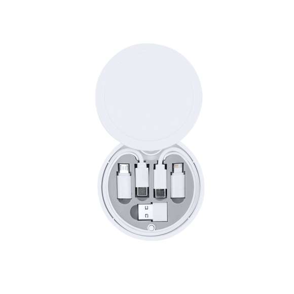 Set de cables cargadores en ABS. Incluye: Cable Tipo-C, adaptador USB, adaptador Micro USB y Adaptador 2 en 1 (Micro USB y Lightning). Presentado en estuche con mosquetón.